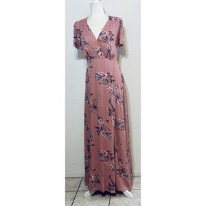 Lulus Size XS  Fiorire Rose Pink Floral Print Wrap Maxi Dress Boho Cottage